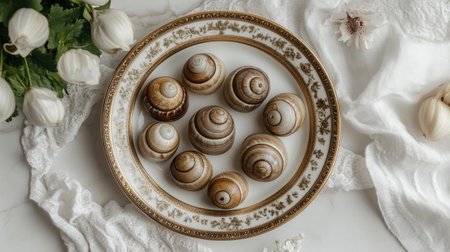 This serene image features an artistic arrangement of spiral shells displayed on an elegant plate surrounded by soft white fabric and floral accents.の素材
