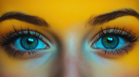 This striking close-up image captures beautiful blue eyes framed by long eyelashes, showcasing a vibrant yellow backdrop that enhances their allure and depth.の素材