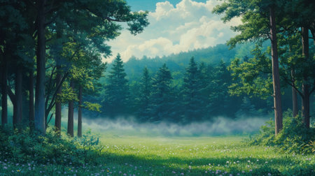 Explore a tranquil forest clearing filled with vibrant trees and soft mist, creating a serene atmosphere under a bright blue sky. Perfect for nature lovers.の素材