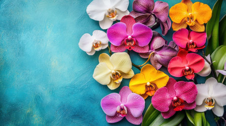 A stunning composition of various orchid flowers showcasing vibrant colors against a bright blue background. Ideal for decoration and floral design inspiration.の素材