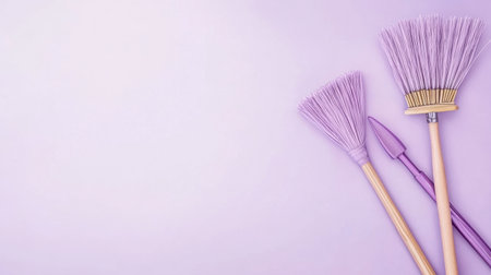 A visually appealing arrangement of purple cleaning tools on a soft lavender background, ideal for showcasing cleanliness, organization, and modern interior aesthetics.の素材