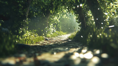 A serene pathway winds through a lush forest, illuminated by gentle sunlight filtering through vibrant green leaves, creating a tranquil atmosphere.の素材