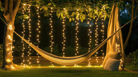 This enchanting outdoor scene features a cozy hammock adorned with shimmering fairy lights, creating a peaceful and inviting atmosphere. Ideal for relaxation.の素材