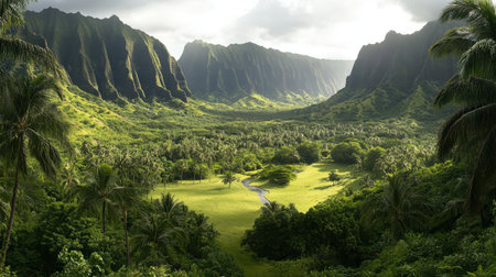 A breathtaking view of a lush green valley nestled between dramatic mountains, featuring vibrant tropical palms and a serene river, evoking tranquility.の素材