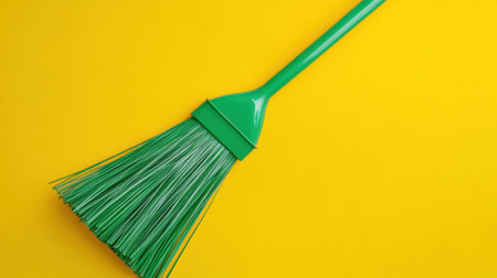 This image features a bright green broom against a vibrant yellow backdrop, ideal for illustrating cleaning routines, household organization, and maintenance tools.の素材