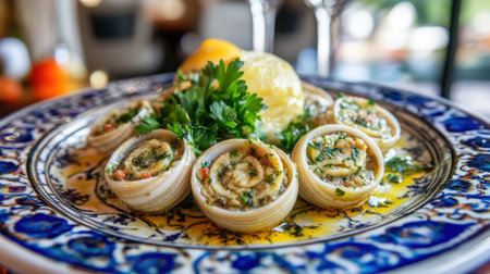 A visually stunning gourmet seafood dish featuring stuffed shells, fresh herbs, and lemon on a decorative plate, ideal for culinary enthusiasts.の素材