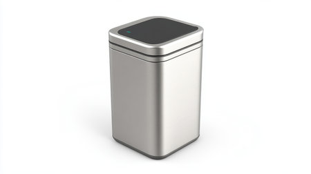 This modern stainless steel trash bin features an automatic sensor for touchless operation, making waste disposal efficient and hygienic for any kitchen or office.の素材