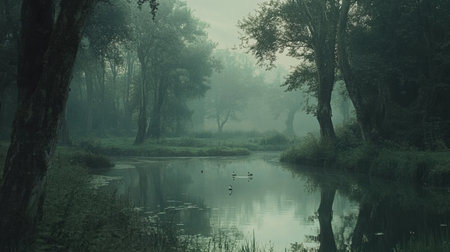 A breathtaking forest scene at dawn, enveloped in mist and fog, reflects calm water and lush greenery, creating a peaceful and serene atmosphere.の素材