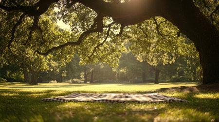 A picturesque picnic setting featuring a cozy blanket laid on lush green grass beneath a sprawling tree, illuminated by gentle sunlight.の素材