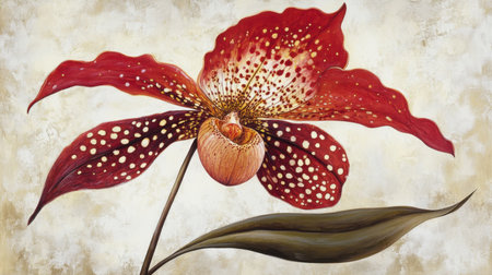 A stunning image of a vibrant red orchid flower featuring intricate spot patterns on its petals, set against a soft beige background. Perfect for art and nature lovers.の素材