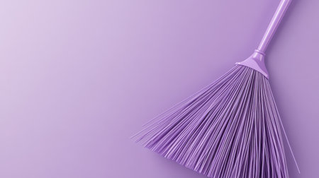 This image features a stylish purple broom resting against a smooth lavender background, perfect for cleaning and home decor themes.の素材
