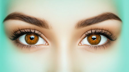 This stunning close-up showcases a pair of captivating brown eyes, accentuated by beautifully defined eyelashes and soft skin tones against a gentle green backdrop, evoking beauty and serenity.の素材