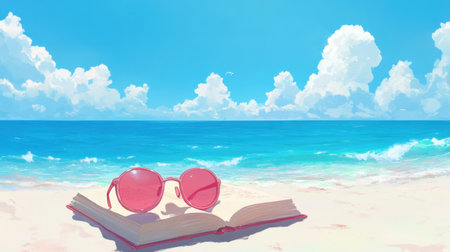 A serene beach scene featuring an open book and pink sunglasses resting on soft sand, with vibrant blue ocean and fluffy white clouds above.の素材