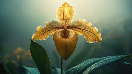 This stunning golden orchid displays its delicate petals beautifully against a soft light. The lush green leaves enhance its vibrant colors, creating a serene atmosphere.の素材