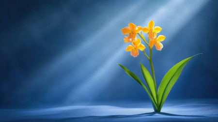 A stunning yellow orchid flower stands gracefully against a soft blue background, illuminated by gentle light rays. This artistic shot captures the delicate beauty of nature.の素材