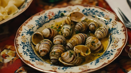An exquisite plate featuring snails in a rich herb sauce, elegantly presented on vintage tableware. Perfect for showcasing culinary artistry and gourmet dining.の素材