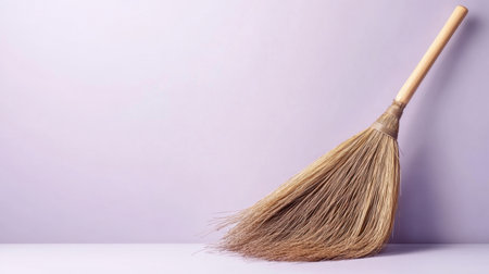 A classic broom showcases its natural fibers and wooden handle against a gentle pastel purple backdrop, perfect for themes of cleanliness and simplicity.の素材