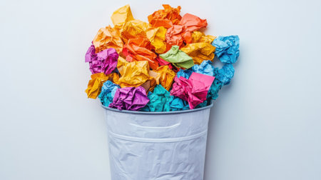 A vibrant collection of crumpled paper balls in various colors spills over the edge of a white trash bin, creating an eye-catching visual against a clean backdrop.の素材