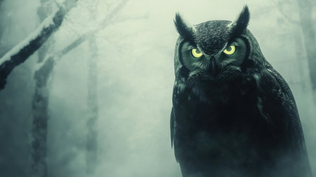 This striking image features a majestic owl perched in a foggy forest, embodying the mysteries of nature. The bright yellow eyes contrast beautifully with the dark tones and ethereal atmosphere, creating an enchanting scene.の素材