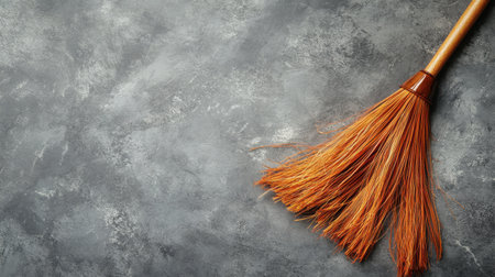 This image features a close-up of a natural fiber broom resting against a textured gray background, ideal for cleaning and home improvement projects.の素材