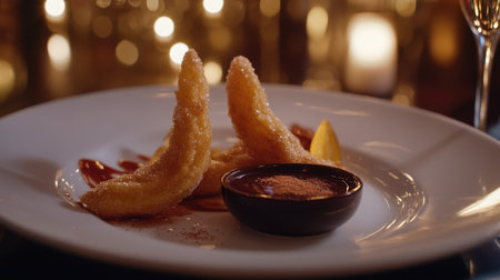 Delight in a visually stunning dish featuring fried dessert bananas served with a rich chocolate sauce and vibrant citrus garnish, perfect for a special occasion.の素材