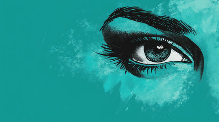 This artwork features a beautifully detailed illustration of a human eye set against a striking turquoise background. The design combines artistic flair and vibrant colors, creating a captivating visual experience. Perfect for those seeking modern, stylish imagery.の素材