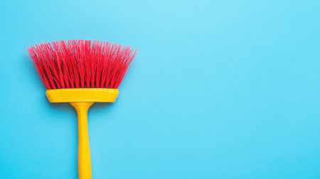 A vibrant red cleaning brush with a yellow handle sits against a soft blue background, showcasing a modern and stylish tool for efficient cleaning tasks at home or in office spaces.の素材