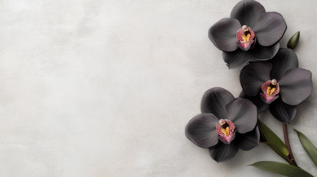 This stunning image features exquisite black orchid flowers set against a soft gray background, perfect for artful decorations and sophisticated designs.の素材