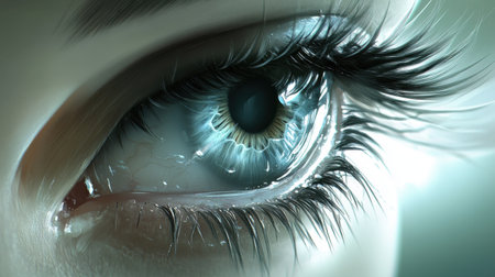 This striking close-up captures the intricate details of a mesmerizing blue eye, showcasing the beauty of its iris and long lashes. The image highlights clarity and depth, making it perfect for artistic or emotional themes.の素材
