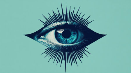 Eye illustration features bold radiating lines and captivating teal background, symbolizing perception and creativity, suitable for modern art projects.の素材