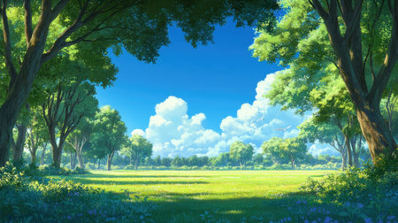 A serene and beautiful landscape featuring a meadow surrounded by vibrant green trees under a bright blue sky. Fluffy white clouds enhance the tranquil atmosphere, making it ideal for nature lovers and outdoor enthusiasts.の素材