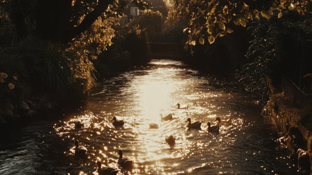 A picturesque view of ducks swimming in a river during the golden hour, showcasing shimmering reflections and vibrant nature, creating a peaceful atmosphere.の素材