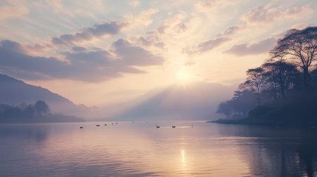 A breathtaking sunrise illuminates a calm water surface, surrounded by softly outlined trees and ducks, creating a tranquil and serene landscape.の素材