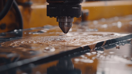 This image showcases a CNC machine in action, cutting metal with water cooling. The close-up perspective highlights the precision and technology involved in modern manufacturing processes.の素材