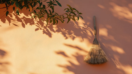 A charming broom hangs on a warm peach wall, casting delicate shadows from green leaves in natural light, showcasing a serene and minimal aesthetic.の素材