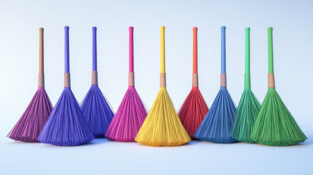 A collection of colorful brooms lined up in an artistic display, showcasing a variety of vibrant hues ideal for creative projects and designs.の素材