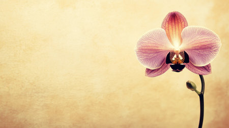 A stunning close-up of a delicate purple orchid flower captured against a soft textured background, evoking feelings of elegance and tranquility.の素材