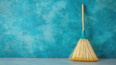 A vintage style broom leans gently against a textured blue wall, showcasing a minimalistic and aesthetic approach to cleaning and home organization.の素材
