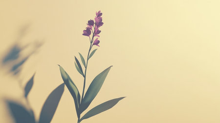 This stunning image captures a delicate purple flower with green leaves, beautifully positioned against a soft neutral background. The minimalist aesthetic evokes feelings of serenity and tranquility.の素材