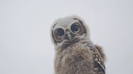 This captivating image features a young and fluffy owl with large, expressive eyes, set against a soft gray background. Perfect for nature enthusiasts.の素材