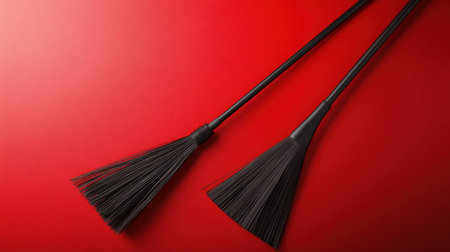 Two black brooms are positioned against a vibrant red background, highlighting simplicity and contrast. Ideal for cleaning, design, and artistic purposes.の素材