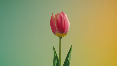 A delicate pink tulip with yellow highlights stands against a smooth gradient background of green and orange, perfect for floral design and nature-themed projects.の素材