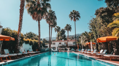 A stunning view of a serene pool surrounded by vibrant palm trees and bright sun umbrellas, inviting relaxation and enjoyment in a tropical setting.の素材