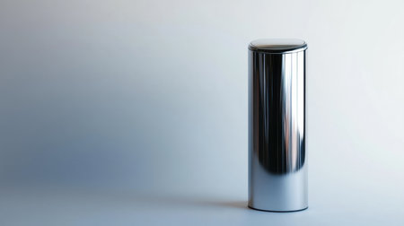 A sleek modern cylindrical trash can with a reflective metallic finish stands against a minimalist background, emphasizing clean lines and contemporary design.の素材