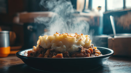 A mouthwatering shepherd's pie with a fluffy mashed potato topping, served hot on a wooden table, encapsulating the essence of comfort food.の素材