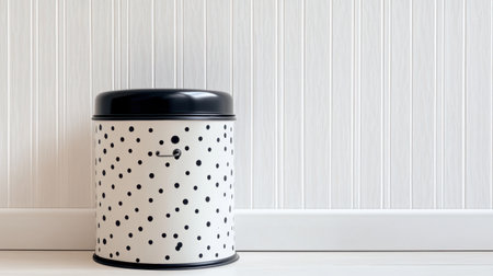 A stylish black and white polka dot trash can sits elegantly on a clean white floor, adding a modern touch to any interior space. Ideal for home or office.の素材