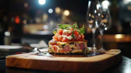 A beautifully presented gourmet dish showcases fresh tomato topping on a wooden plate, set in an upscale dining atmosphere, perfect for culinary enthusiasts.の素材