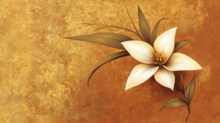 This stunning image features an elegant white lily flower accompanied by graceful leaves, set against a textured gold background, perfect for art and design projects.の素材