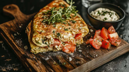 A mouthwatering omelette filled with fresh tomatoes and herbs, served on a rustic wooden board alongside a creamy dip and garnished for visual appeal.の素材