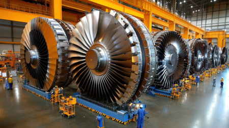 A vibrant industrial scene showcases large gas turbine engines in an advanced manufacturing facility, highlighting technology and engineering precision.の素材